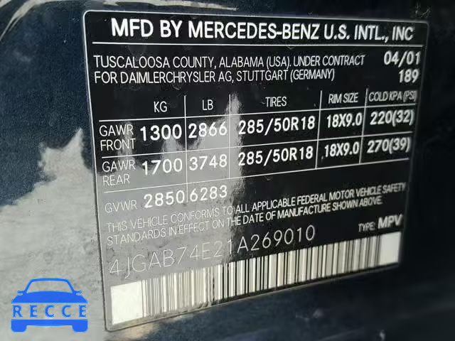 2001 MERCEDES-BENZ ML 55 4JGAB74E21A269010 image 9