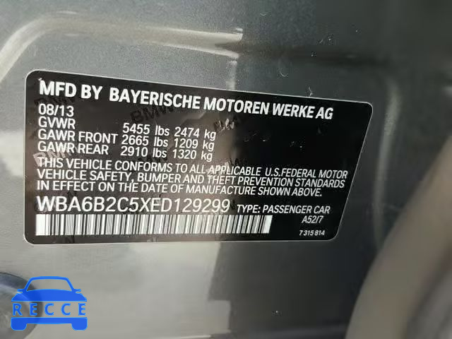 2014 BMW 650 I WBA6B2C5XED129299 зображення 9
