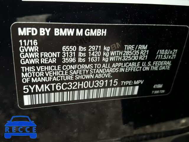 2017 BMW X5 M 5YMKT6C32H0U39115 зображення 9