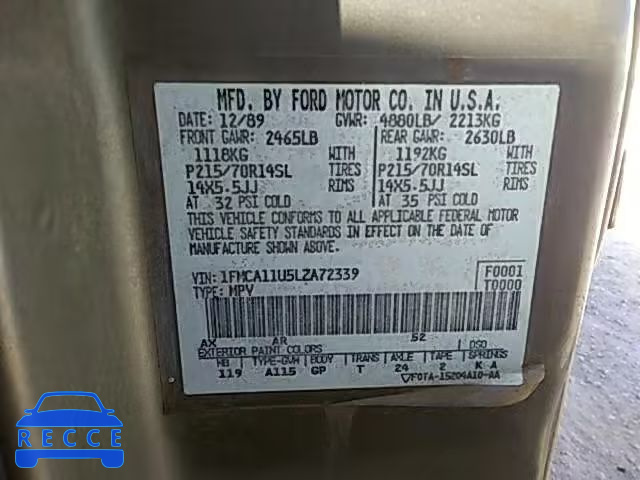 1990 FORD AEROSTAR 1FMCA11U5LZA72339 image 9