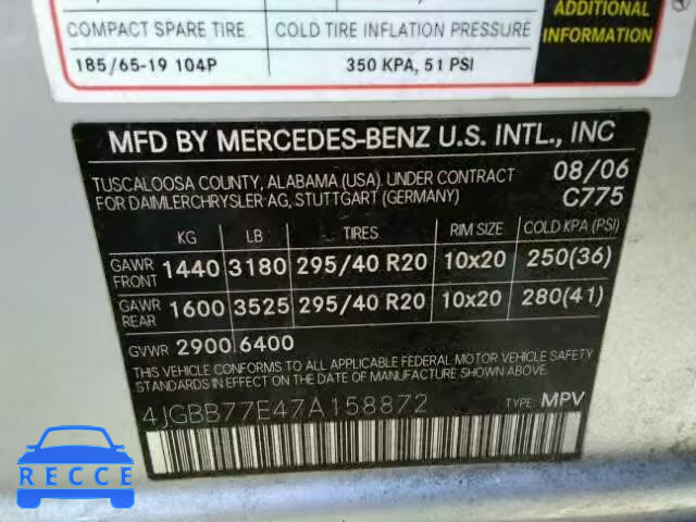 2007 MERCEDES-BENZ ML 63 AMG 4JGBB77E47A158872 зображення 9