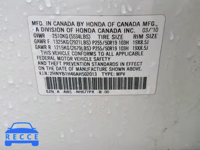 2010 ACURA ZDX TECHNO 2HNYB1H46AH502013 image 9