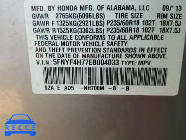 2014 HONDA PILOT EXLN 5FNYF4H77EB004033 image 9