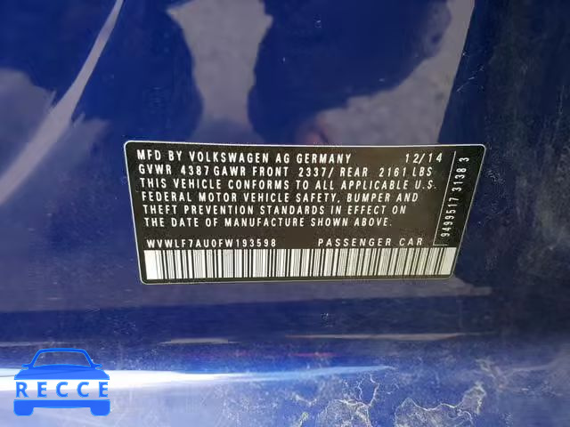 2015 VOLKSWAGEN GOLF R WVWLF7AU0FW193598 image 9