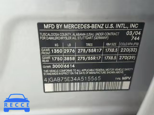 2004 MERCEDES-BENZ ML 500 4JGAB75E34A515565 зображення 9