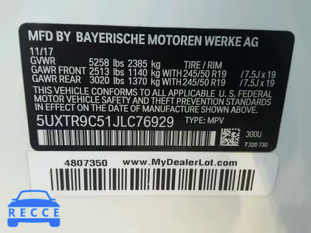 2018 BMW X3 XDRIVEM 5UXTR9C51JLC76929 зображення 9