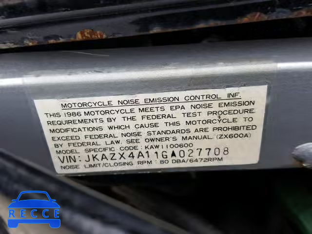 1986 KAWASAKI ZX600 JKAZX4A11GA027708 image 9