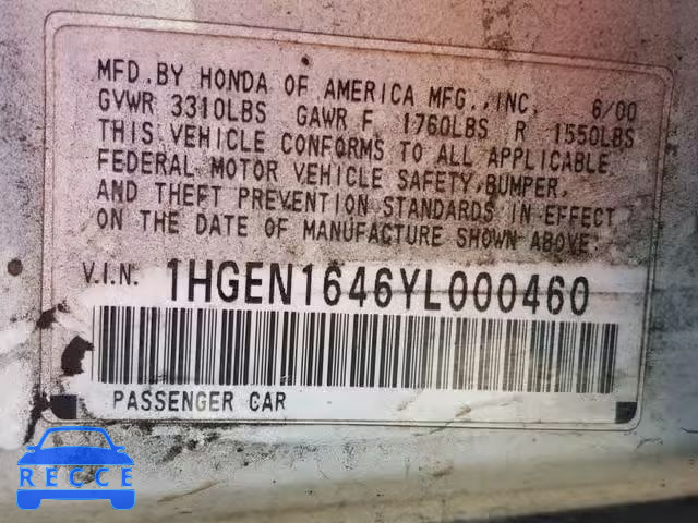 2000 HONDA CIVIC GX 1HGEN1646YL000460 image 9