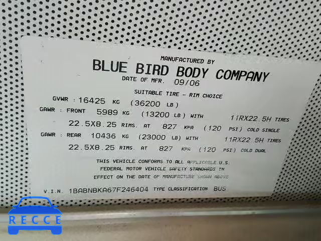 2007 BLUE BIRD SCHOOL BUS 1BABNBKA67F246404 зображення 9