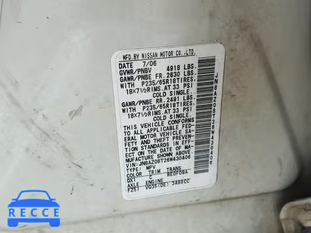 2006 NISSAN MURANO S JN8AZ08T26W430406 Bild 9