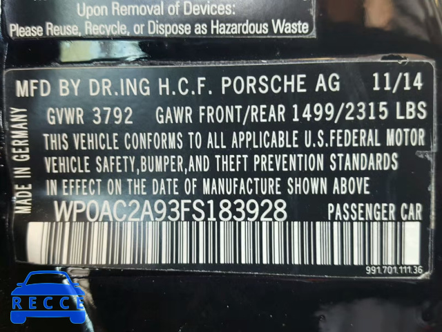 2015 PORSCHE 911 GT3 WP0AC2A93FS183928 зображення 9