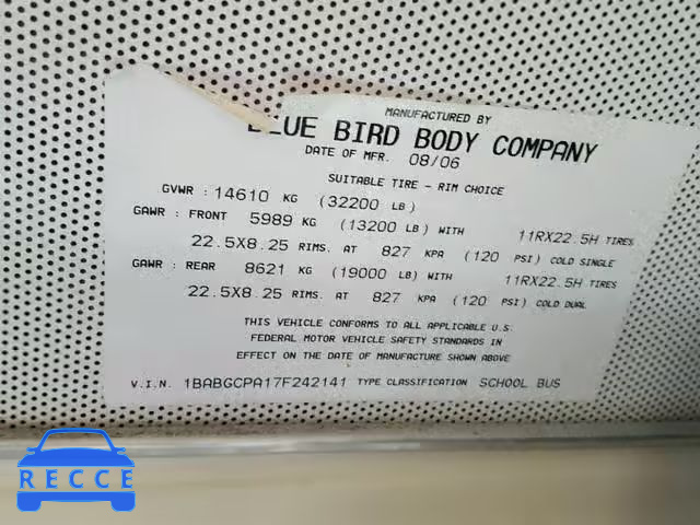 2007 BLUE BIRD SCHOOL BUS 1BABGCPA17F242141 зображення 9