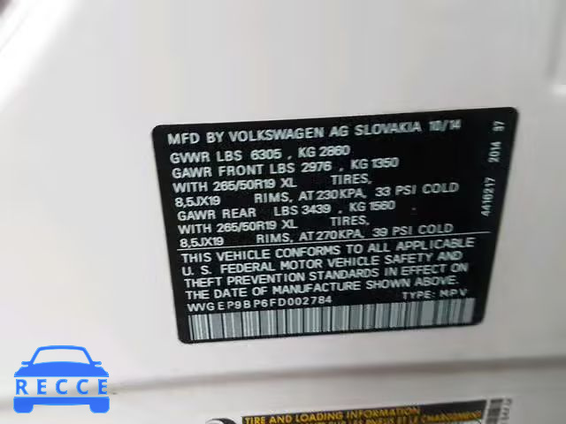 2015 VOLKSWAGEN TOUAREG V6 WVGEP9BP6FD002784 image 9