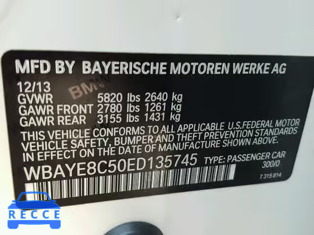 2014 BMW 750 LI WBAYE8C50ED135745 зображення 9