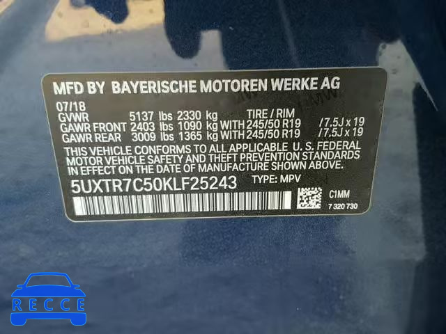 2019 BMW X3 SDRIVE3 5UXTR7C50KLF25243 image 9
