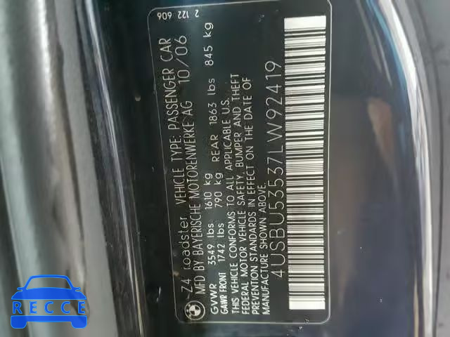 2007 BMW Z4 3.0SI 4USBU53537LW92419 зображення 9