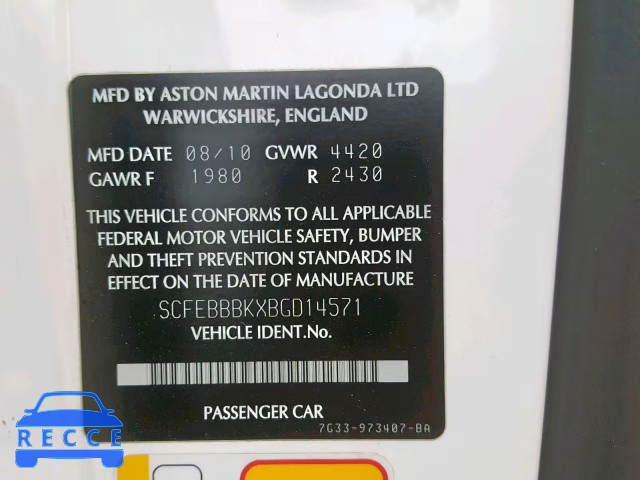 2011 ASTON MARTIN V8 VANTAGE SCFEBBBKXBGD14571 зображення 9