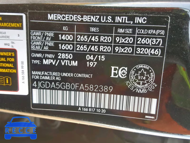 2015 MERCEDES-BENZ ML 400 4MA 4JGDA5GB0FA582389 зображення 9