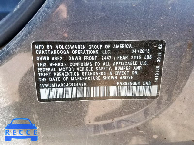 2018 VOLKSWAGEN PASSAT GT 1VWJM7A30JC034480 зображення 9