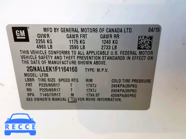 2015 CHEVROLET EQUINOX L 2GNALLEK1F1164160 Bild 9