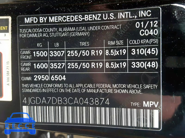 2012 MERCEDES-BENZ ML 550 4MA 4JGDA7DB3CA043874 image 9