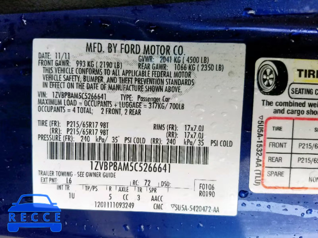 2012 FORD MUST 1ZVBP8AM5C5266641 image 9
