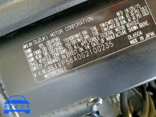 2016 SUZUKI DL650 A JS1VP56A0G2100235 image 9