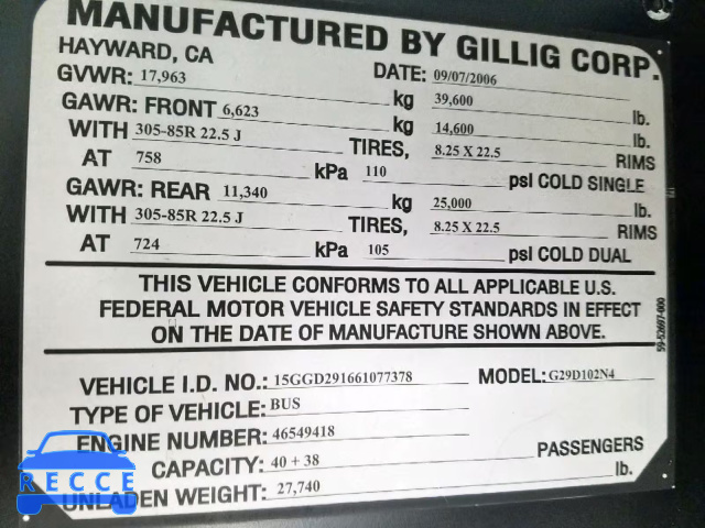 2006 GILLIG TRANSIT BU 15GGD291661077378 image 9