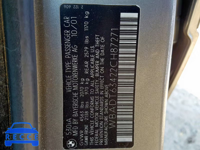 2002 BMW 5 SERIES WBADT63422CH87271 image 9