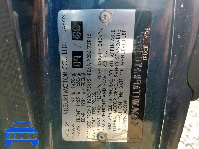 1989 SUZUKI SIDEKICK J JS4TA01V6K4103856 image 9