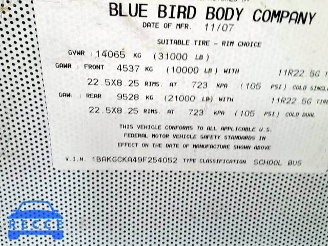 2009 BLUE BIRD SCHOOL BUS 1BAKGCKA49F254052 image 9