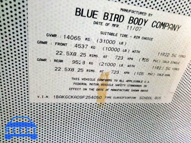 2009 BLUE BIRD SCHOOL BUS 1BAKGCKA09F254050 image 9