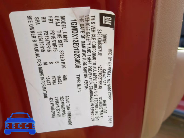 2001 PONTIAC MONTANA LU 1GMDX13E01D230606 image 9