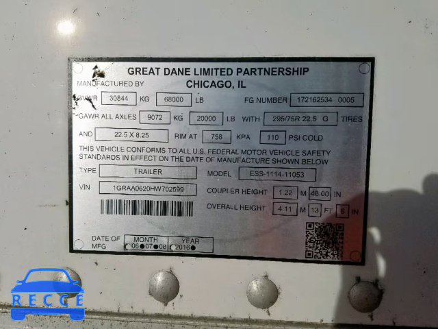 2017 GREAT DANE TRAILER TRAILER 1GRAA0620HW702599 image 9