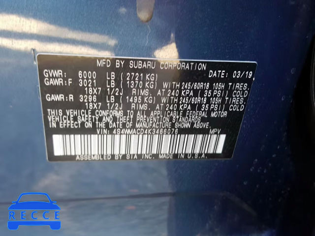 2019 SUBARU ASCENT PRE 4S4WMACD4K3466076 image 9