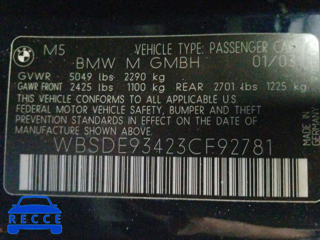 2003 BMW M5 WBSDE93423CF92781 зображення 9