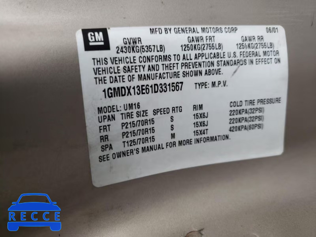 2001 PONTIAC MONTANA LU 1GMDX13E61D331567 image 9