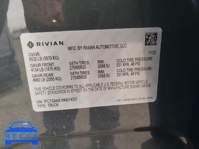 2022 RIVIAN R1T ADVENT 7FCTGAAA1NN014337 зображення 12