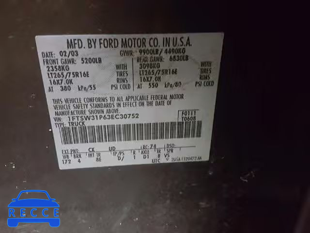 2003 FORD F350 SRW S 1FTSW31P63EC30752 image 9