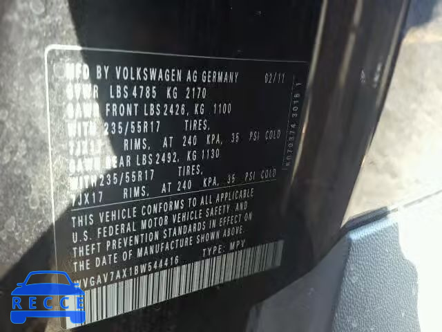 2011 VOLKSWAGEN TIGUAN S WVGAV7AX1BW544416 image 9