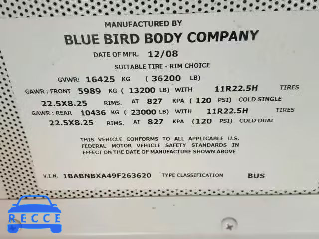 2009 BLUE BIRD SCHOOL BUS 1BABNBXA49F263620 зображення 8