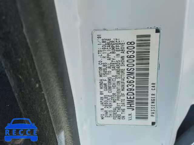 1991 HONDA CIVIC CRX JHMED9362MS006308 image 9