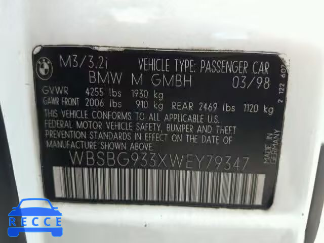 1998 BMW M3 WBSBG933XWEY79347 зображення 9