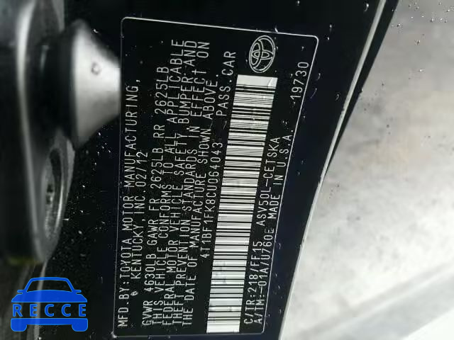 2012 TOYOTA CAMRY BASE 4T1BF1FK8CU064043 image 9