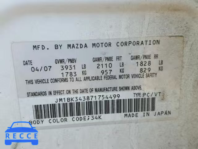 2007 MAZDA 3 HATCHBAC JM1BK343871754499 image 9