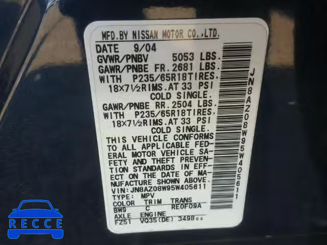 2005 NISSAN MURANO SL JN8AZ08W95W405611 image 9