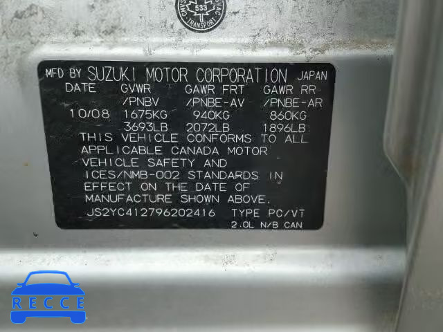 2009 SUZUKI SX4 BASE JS2YC412796202416 image 9