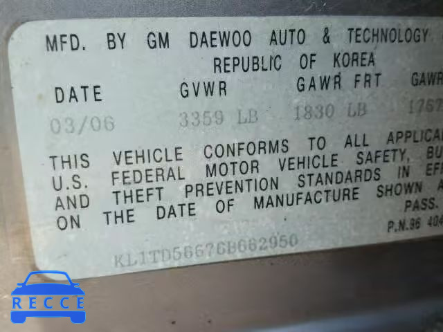 2006 CHEVROLET AVEO BASE KL1TD56676B662950 image 9
