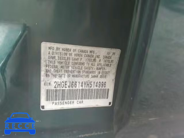 2000 HONDA CIVIC BASE 2HGEJ6614YH514996 Bild 9