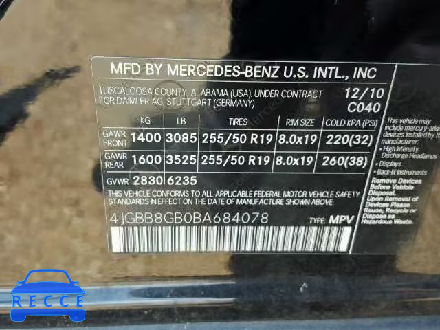 2011 MERCEDES-BENZ ML 350 4MA 4JGBB8GB0BA684078 image 9